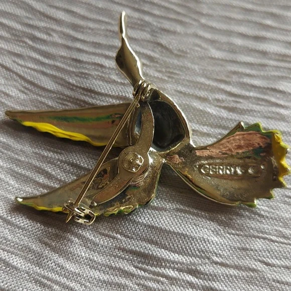 Gerry's Bird Brooch in a Bright Green and Gold-Tone Metal Vintage from the 70's - Picture 3 of 4